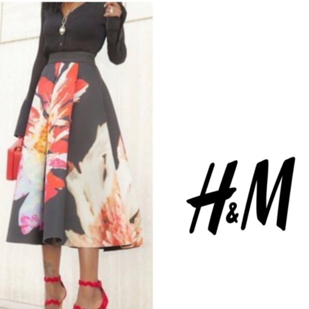 ISO Not for Sale - H&M Scuba Flower Midi Maxi Skirt Black Red Orange 4 6